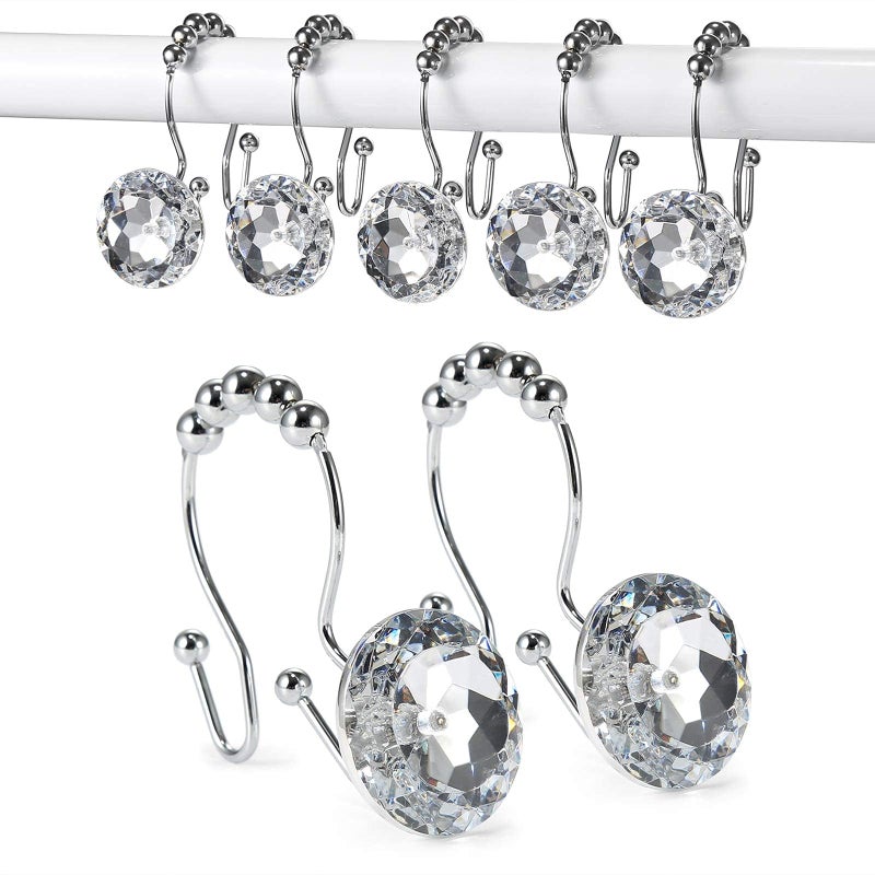 Goowin Shower Curtain Hooks, Crystal Shower Curtain Rings, Stainless Steel Shower Curtain Hangers, Metal Shower Rings for Curtain, Decorative Double Shower Hooks for Shower Curtain & Liner, Chrome - Image 1